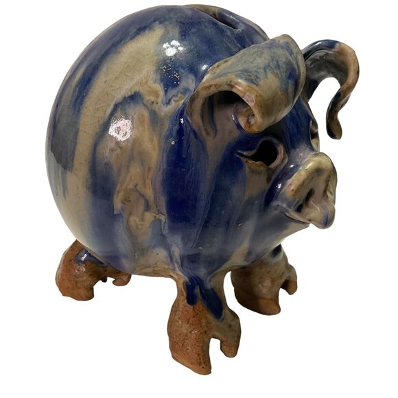 Art Pottery Piggy Bank Coin Bank Handmade Blue Drip Glaze Studio Pottery - Picture 2 of 6
